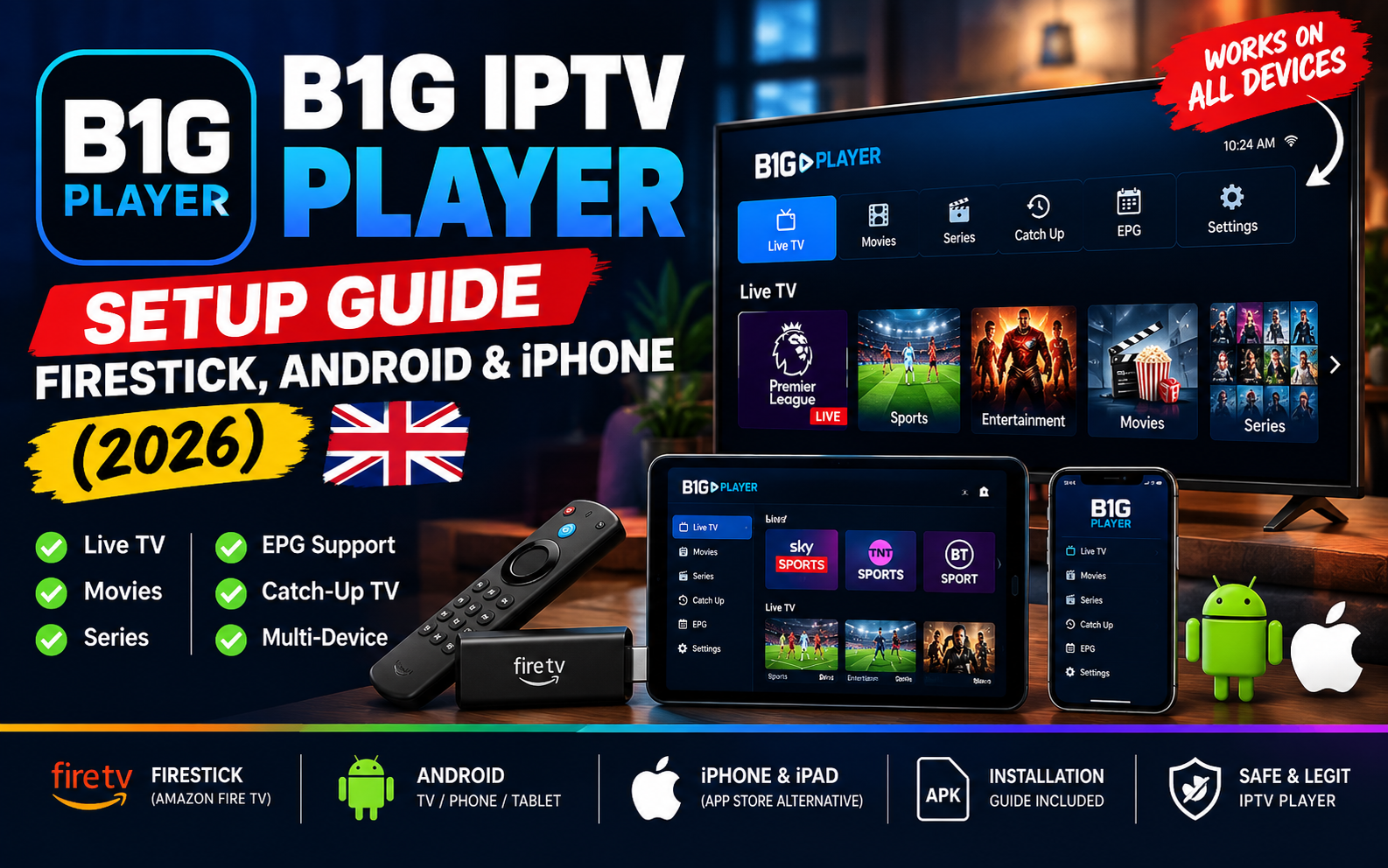 B1G IPTV Player UK 2026 setup guide for Firestick, Android and iPhone