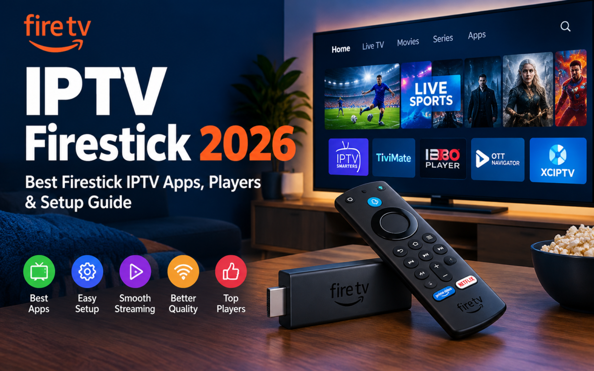 IPTV Firestick 2026 setup guide showing the best IPTV apps and players for UK viewers
